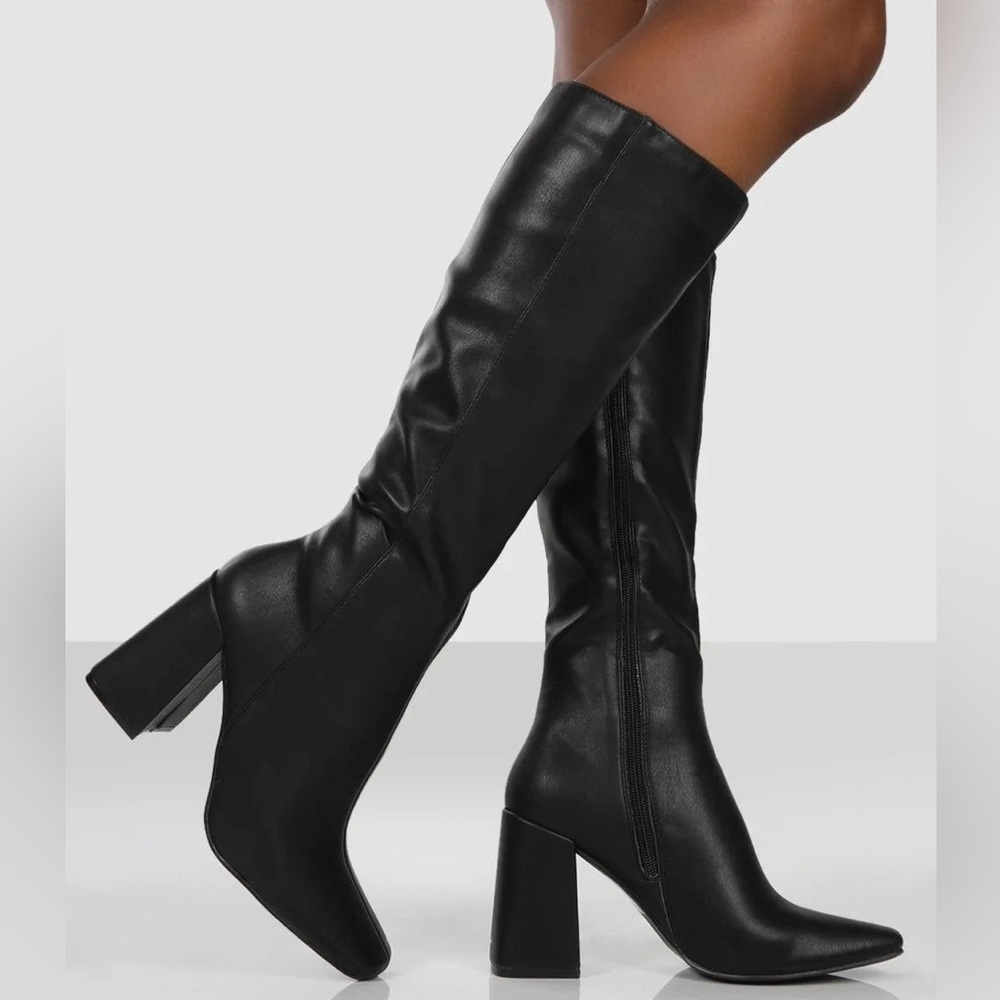 New! Public Desire Apology - knee high black matte block heel boots, size 6